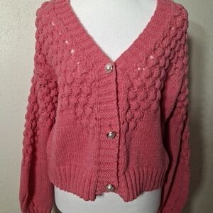 Altar'd State Rose Pink Cable Knit Cardigan with Pearl Buttons